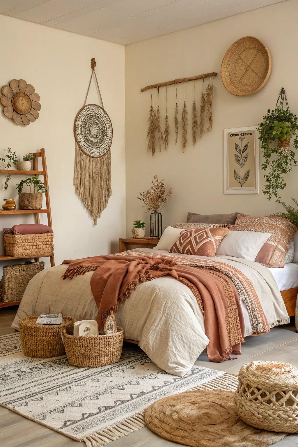 Neutral and earthy hues foster a tranquil setting in this boho bedroom.