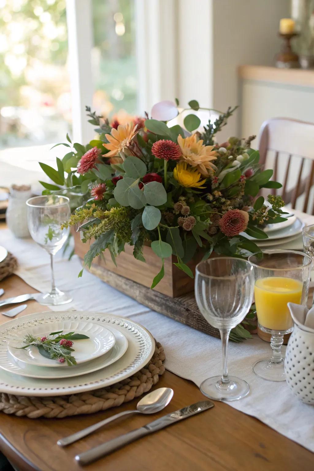 Seasonal blooms and greenery compose a breathtaking centerpiece for a boho brunch.