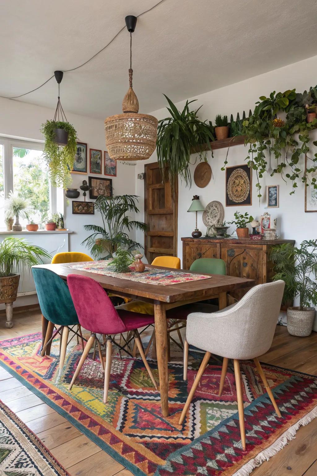 Diverse combination of seating adding individuality to a boho dining space.