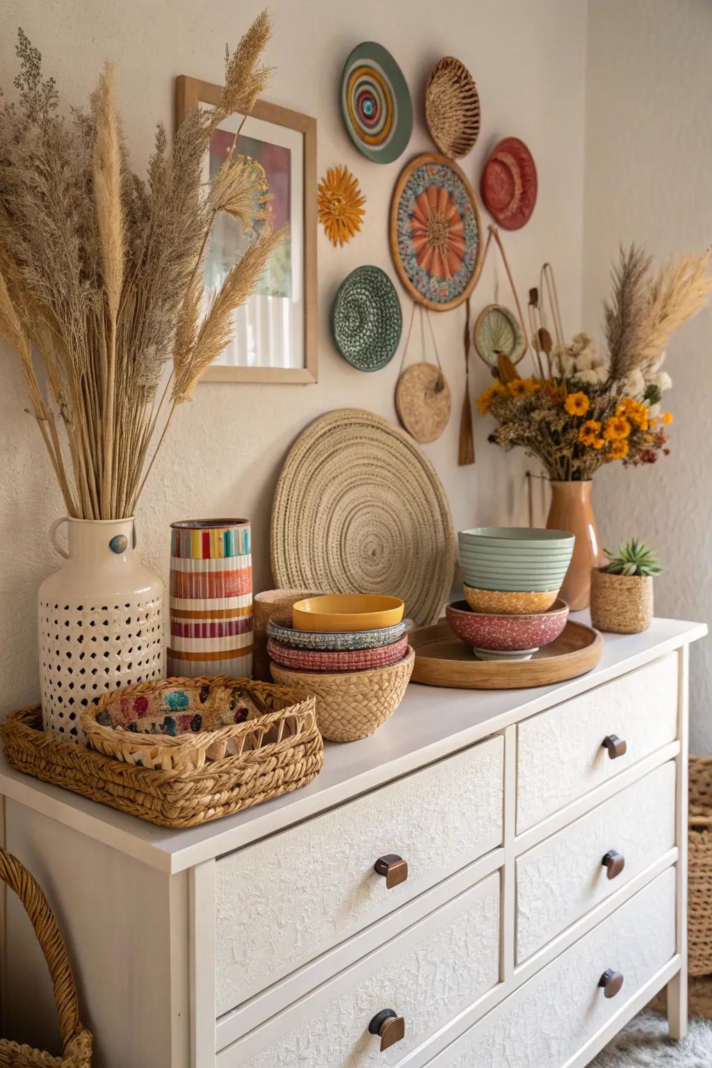 Handcrafted ceramics bring a personal touch to this boho dresser.
