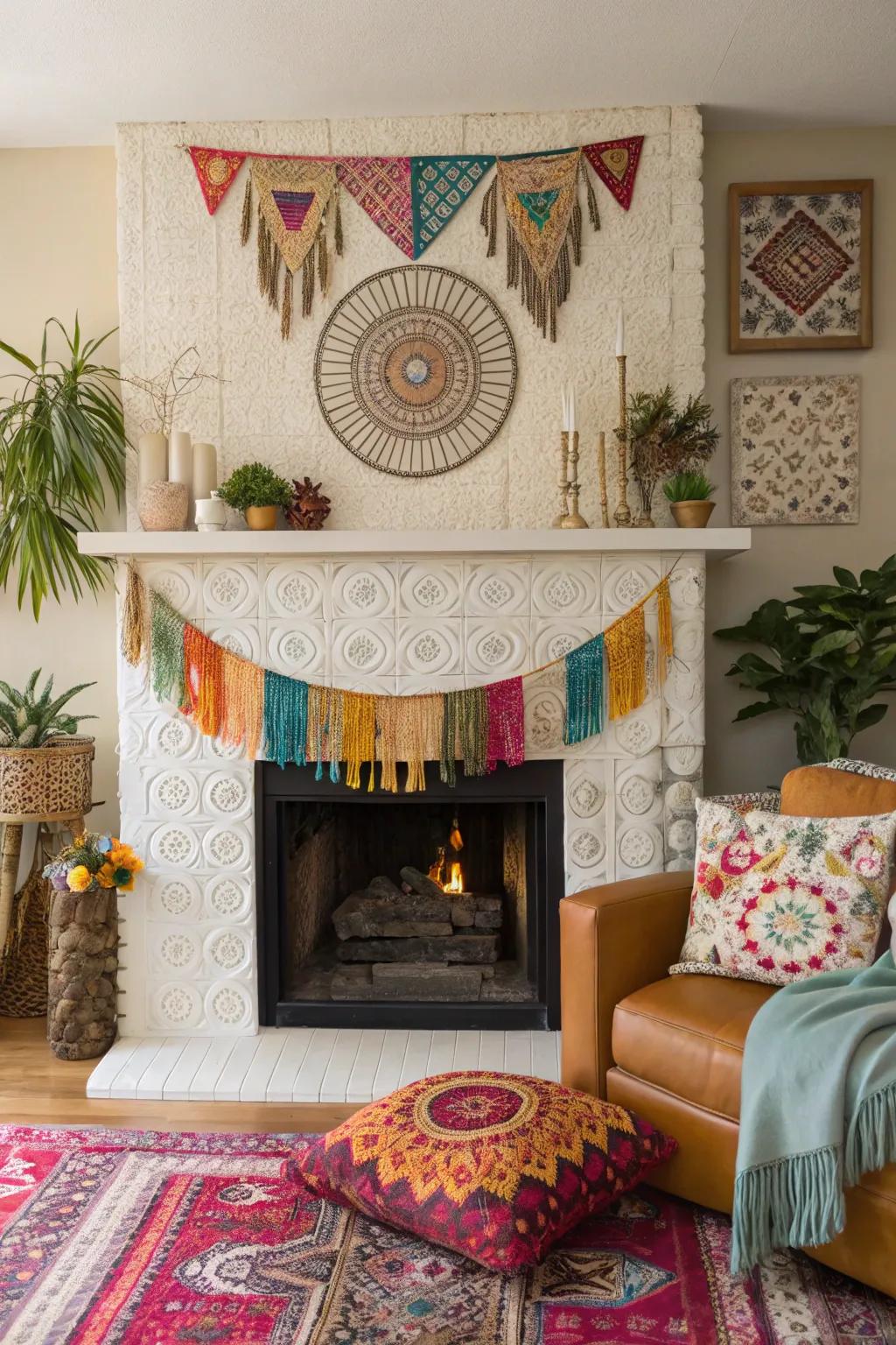A diverse bohemian-style fireplace, showcasing tapestries and woven wall art.
