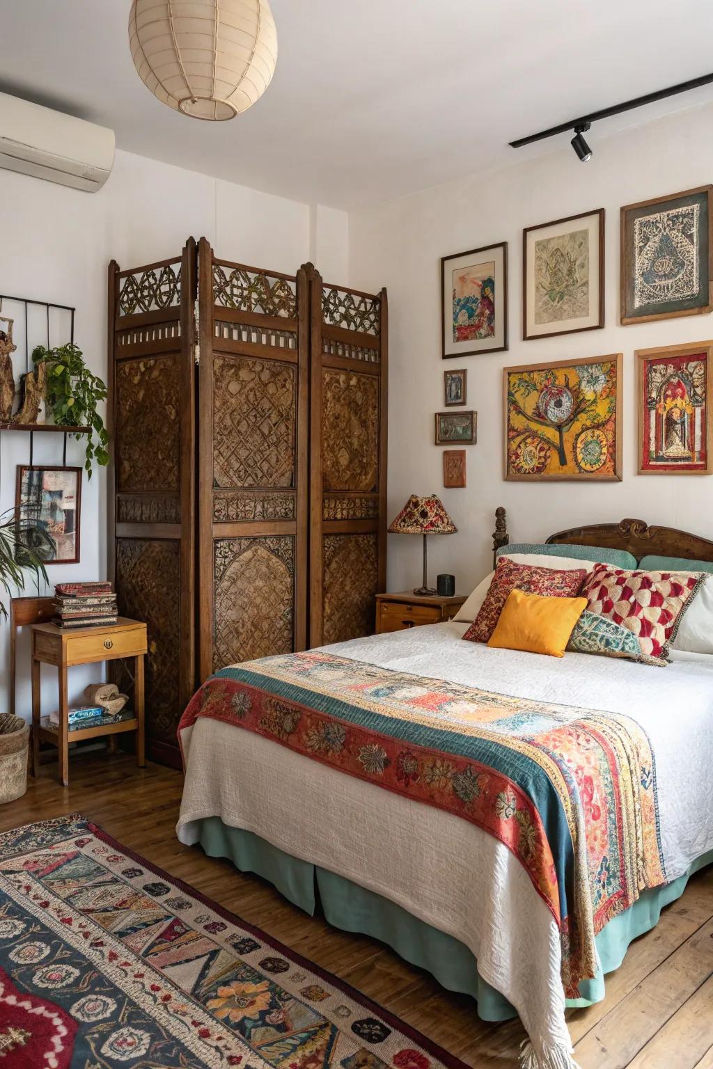 A vintage screen repurposed as a headboard adds personality and charm.