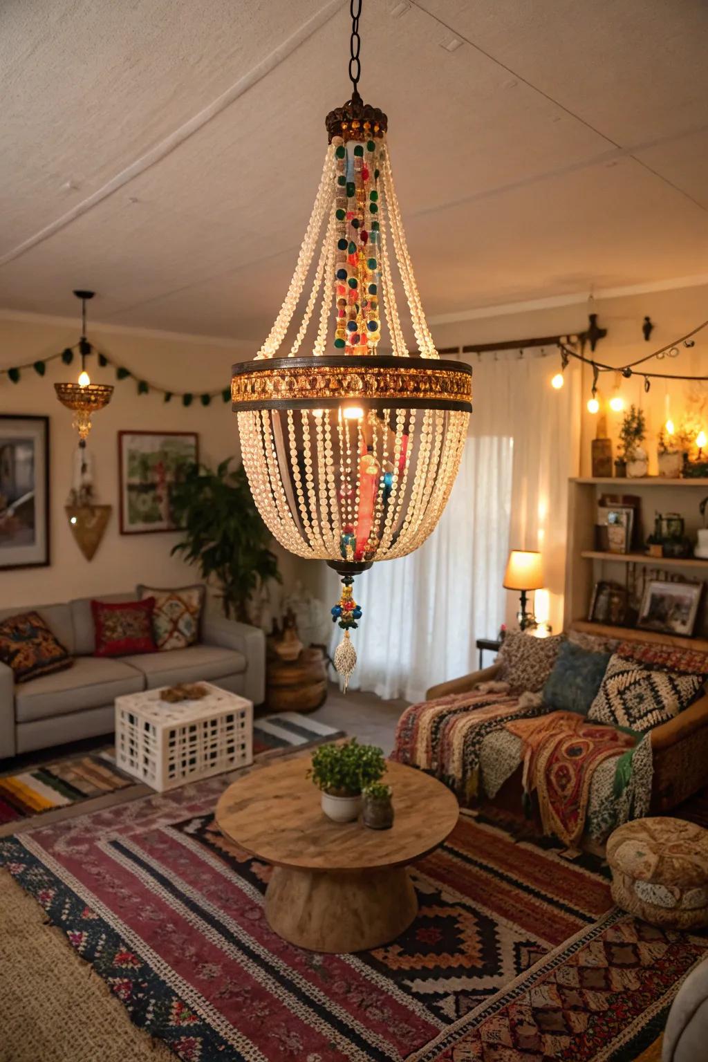 A beaded chandelier acting as a centerpiece in a bohemian living area.