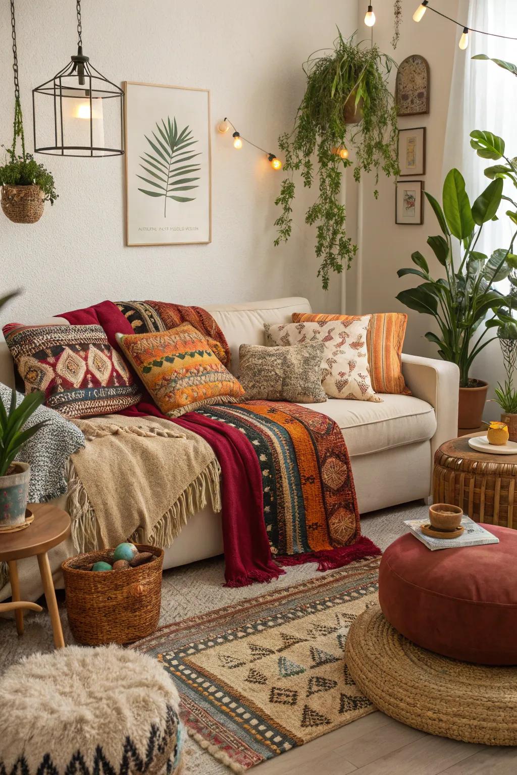 Comfort is essential in a boho living room.