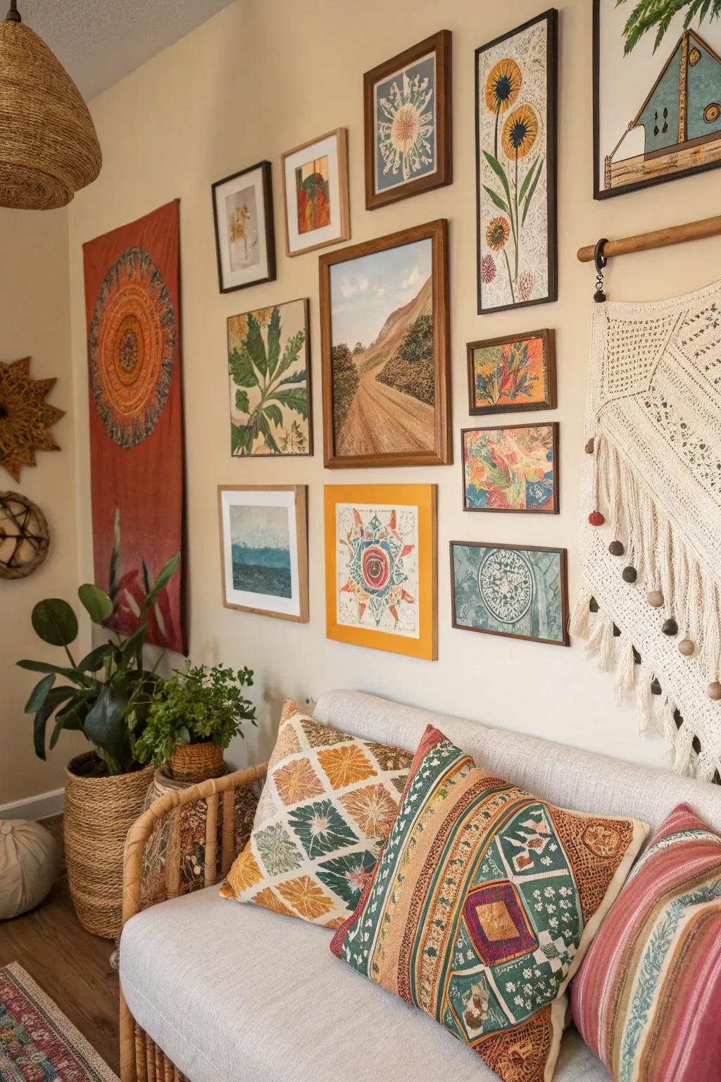 A gallery wall that highlights the appeal and adaptability of boho-style paintings.
