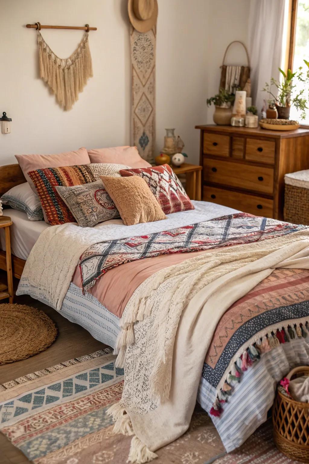 Layered textiles enhance the cozy factor in a bohemian room.