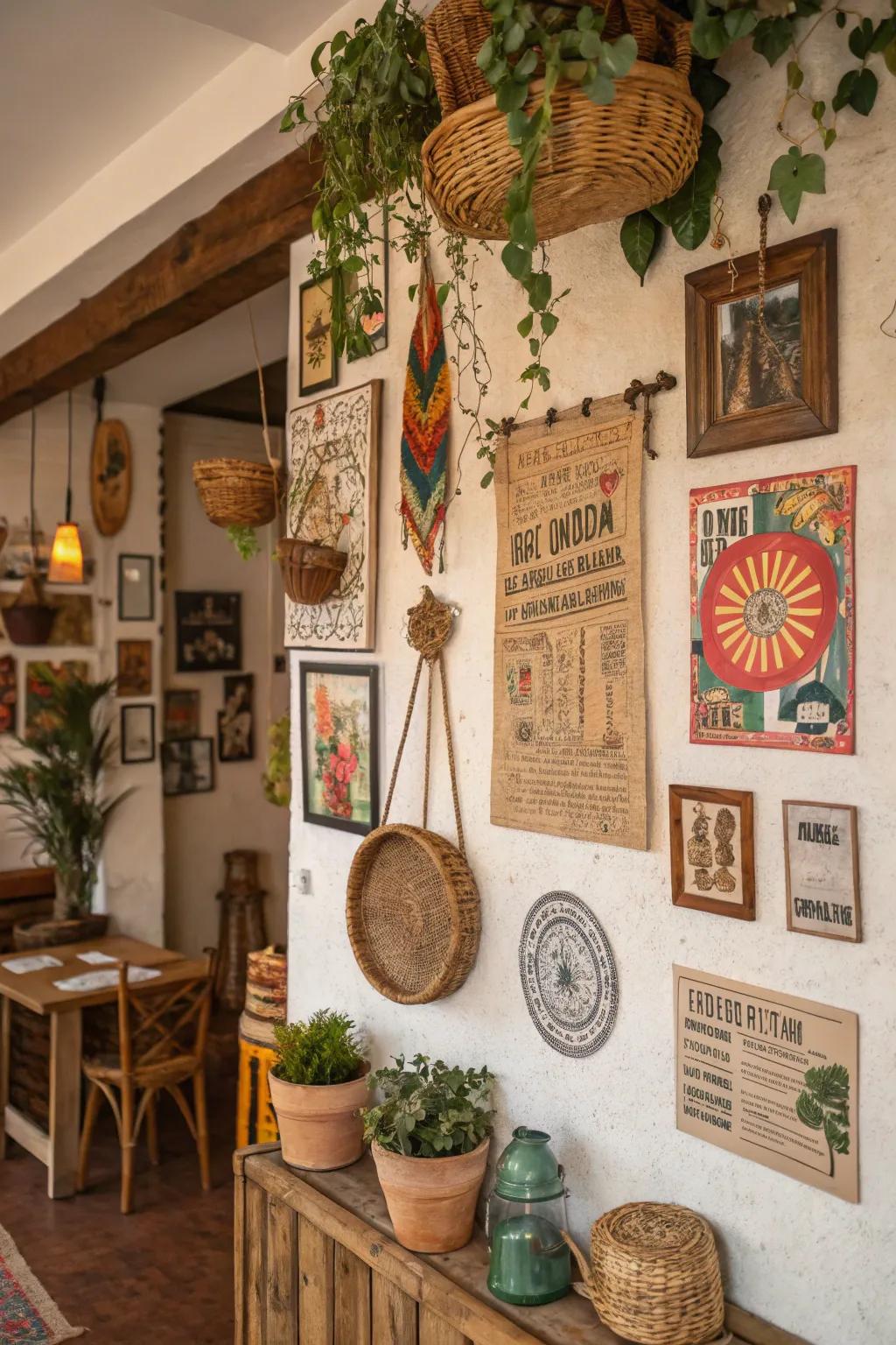 This bohemian wall is given character by vintage and handmade treasures.