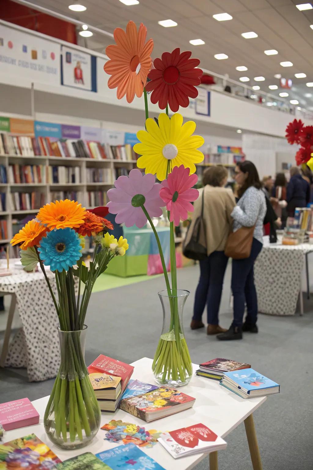 Handmade paper blossoms add a personal feel to the book fair decorations.