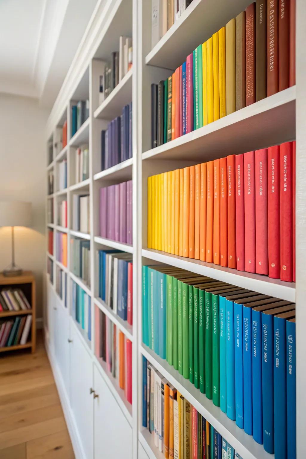A visually striking bookshelf arranged by color.