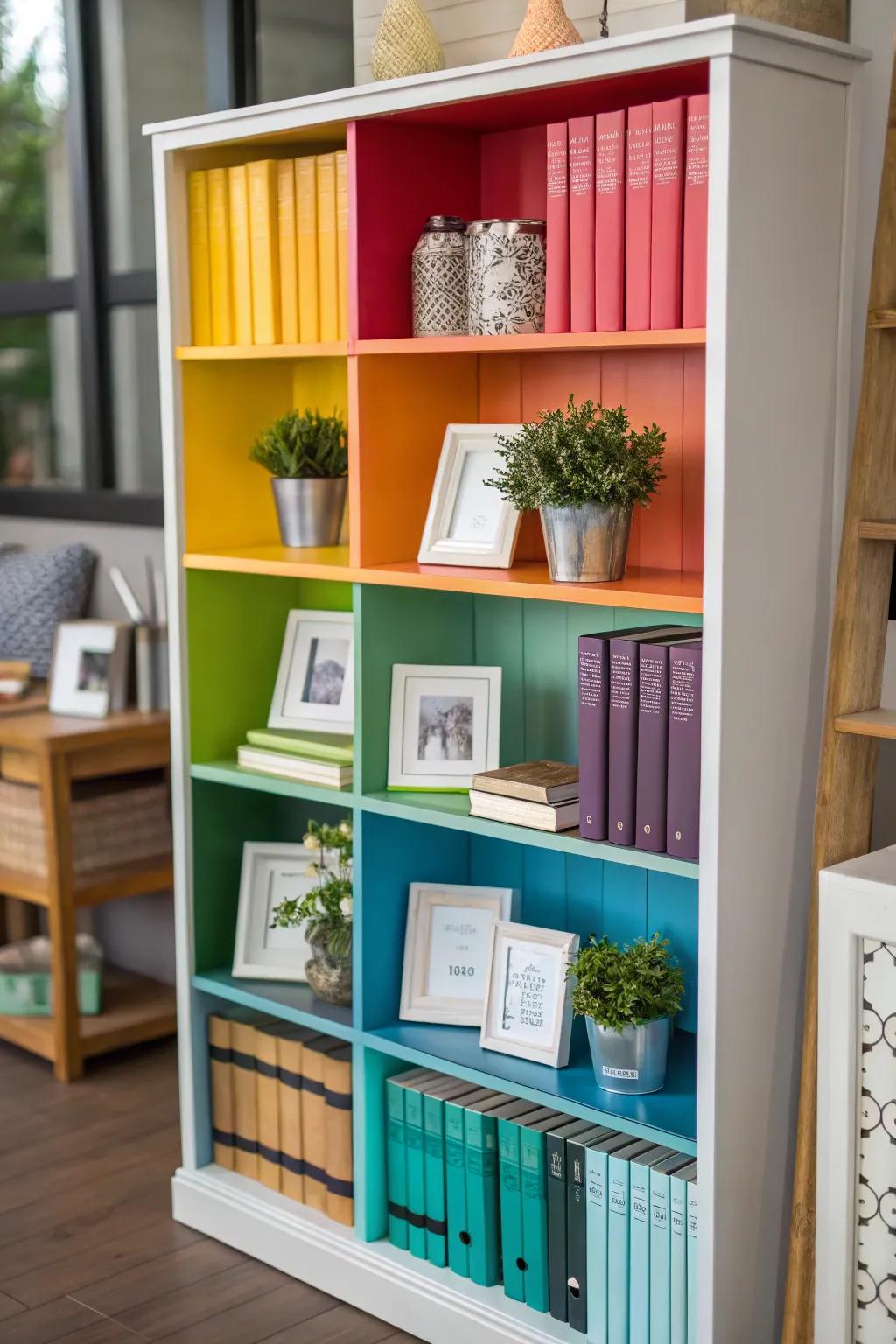 Achieve a unified appearance with color-coordinated bookshelf displays.