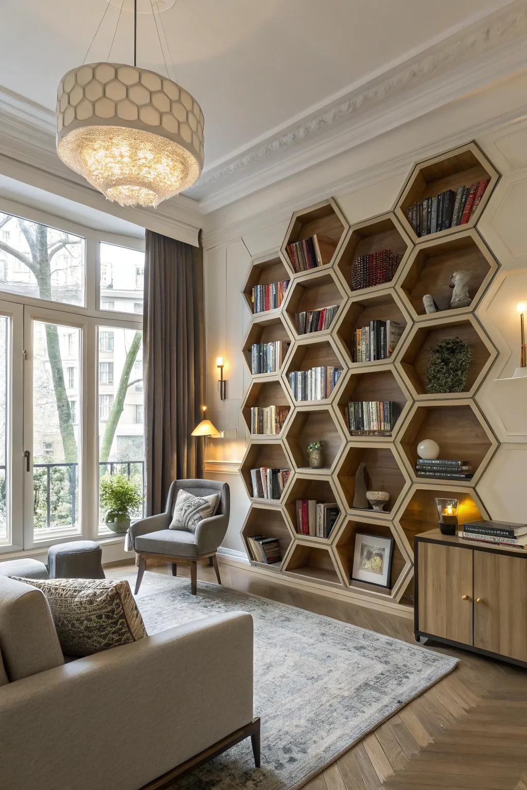 Distinct shelf forms contribute a contemporary twist to any area.