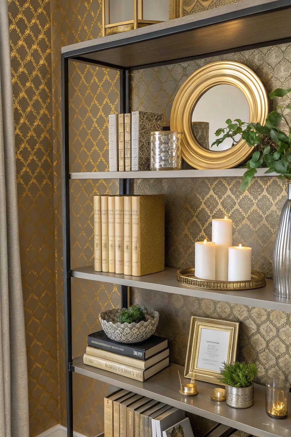 <strong>Bookshelf</strong> displaying subtle gilded wallcovering for a luxurious accent.&rdquo; loading=&rdquo;lazy&rdquo; class=&rdquo;pimg&rdquo;>
	</picture><figcaption><strong>Bookshelf</strong> displaying subtle gilded wallcovering for a luxurious accent.</figcaption></figure>
<p>Shiny wallcovering can introduce a hint of luxury to your <strong>bookshelves</strong>. I experimented with a delicate gold pattern, and it generated an opulent ambiance without dominating the area.</p>
<h3>Explore these options:</h3>
<ul class=