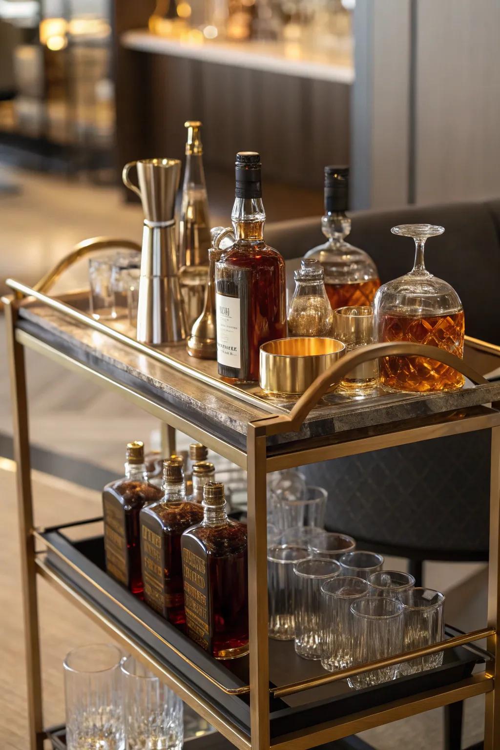 A tailored bar cart delivers a versatile bourbon display solution.