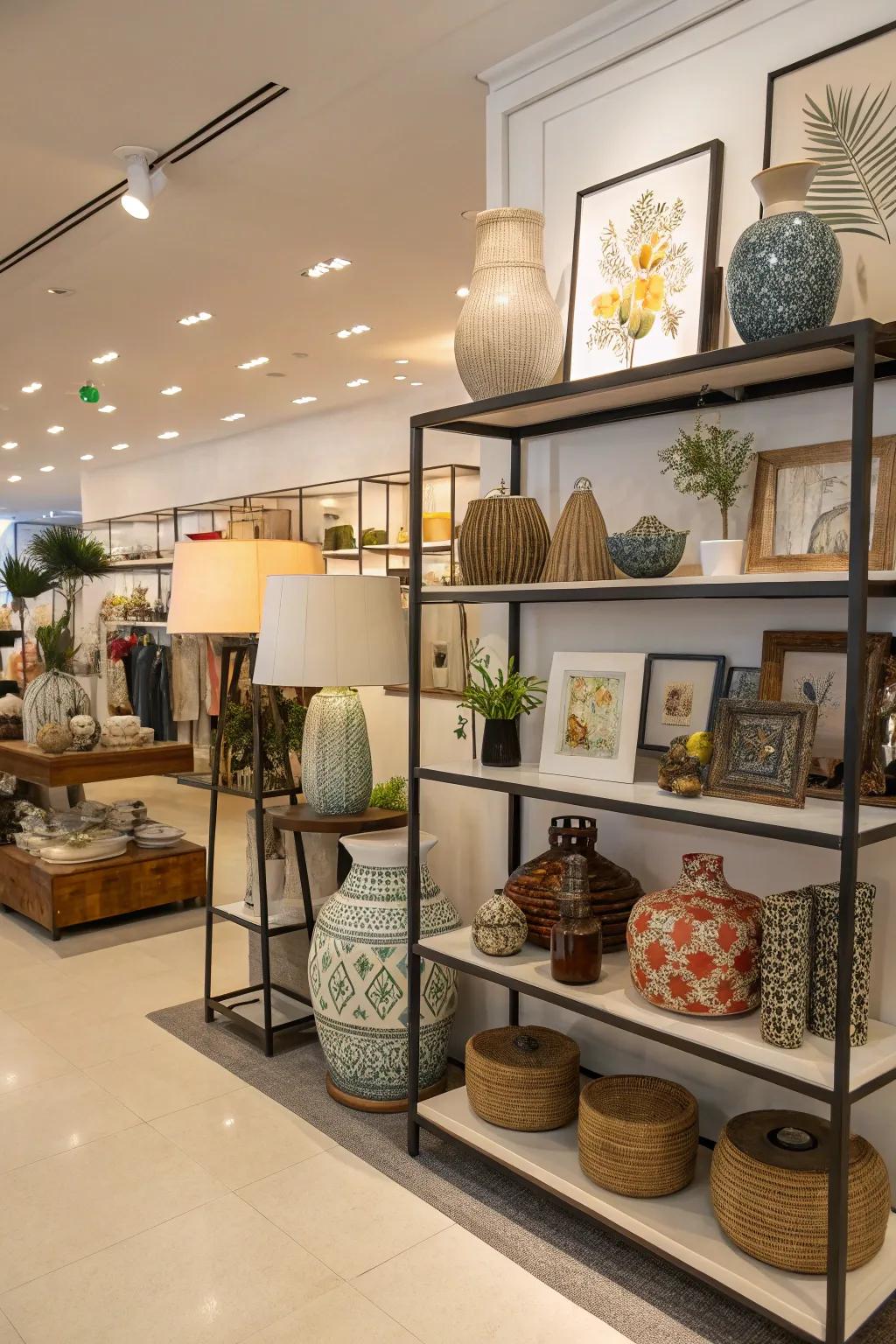 A shop featuring creative display arrangements with unique shelves to showcase decor items.