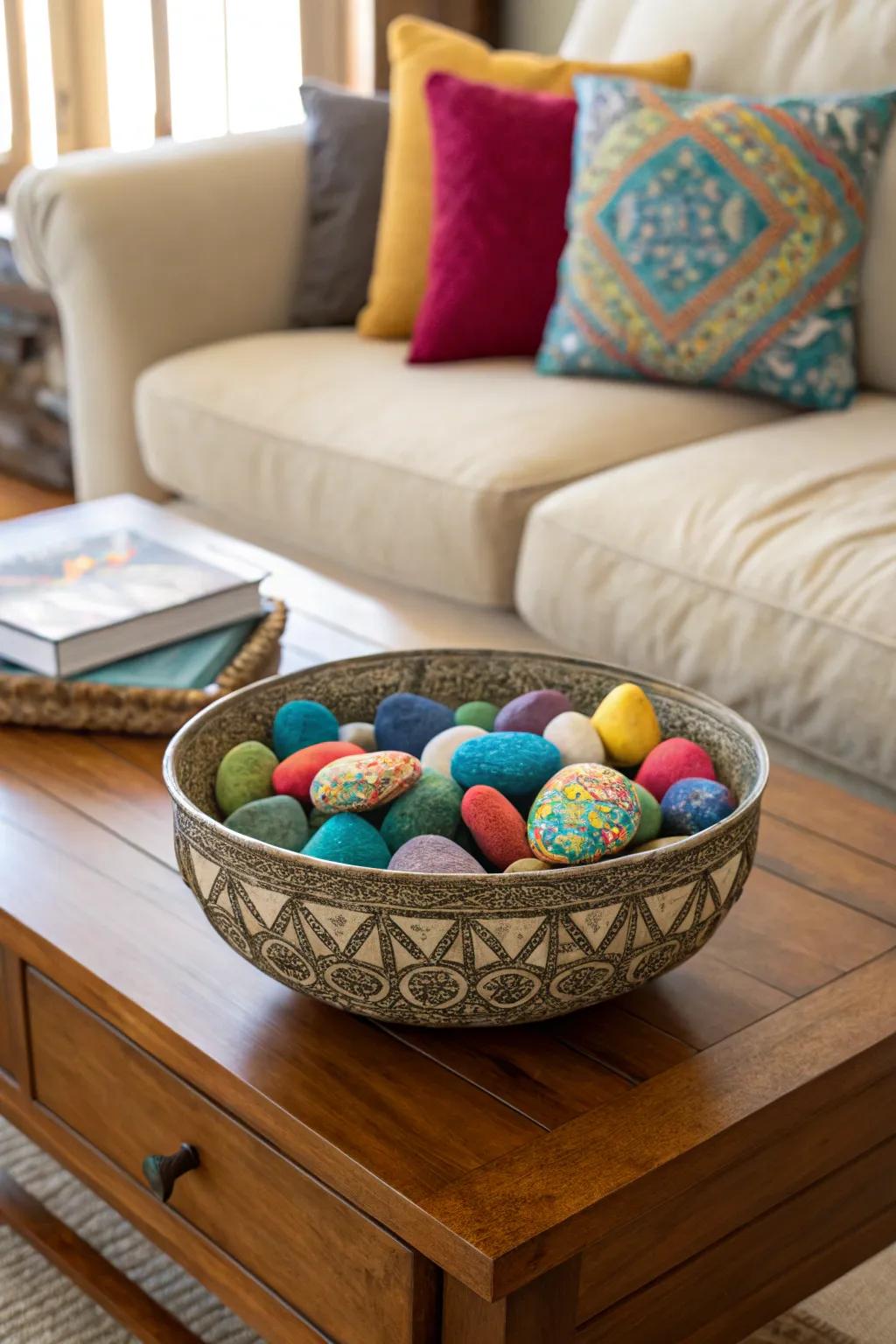 A decorative bowl showcasing a collection of painted stones