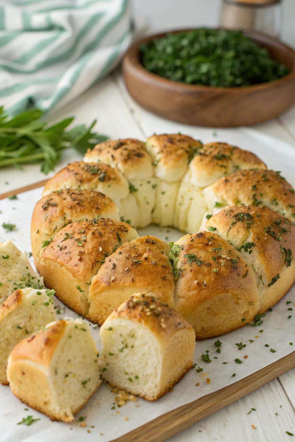 Tear-and-share garlic bread, inviting and perfect for sharing.