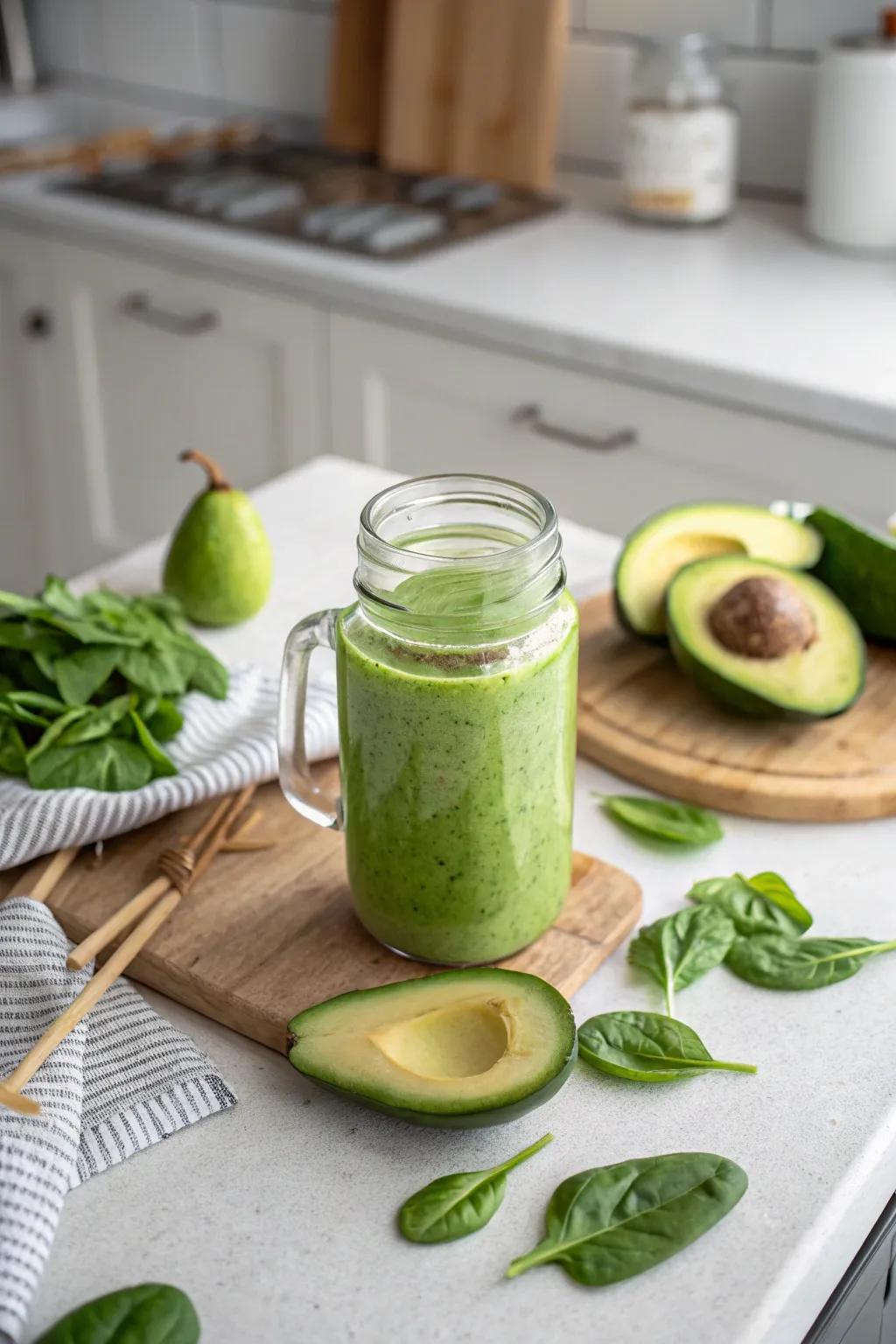 A lush avocado and greens smoothie, great for a healthy beginning.