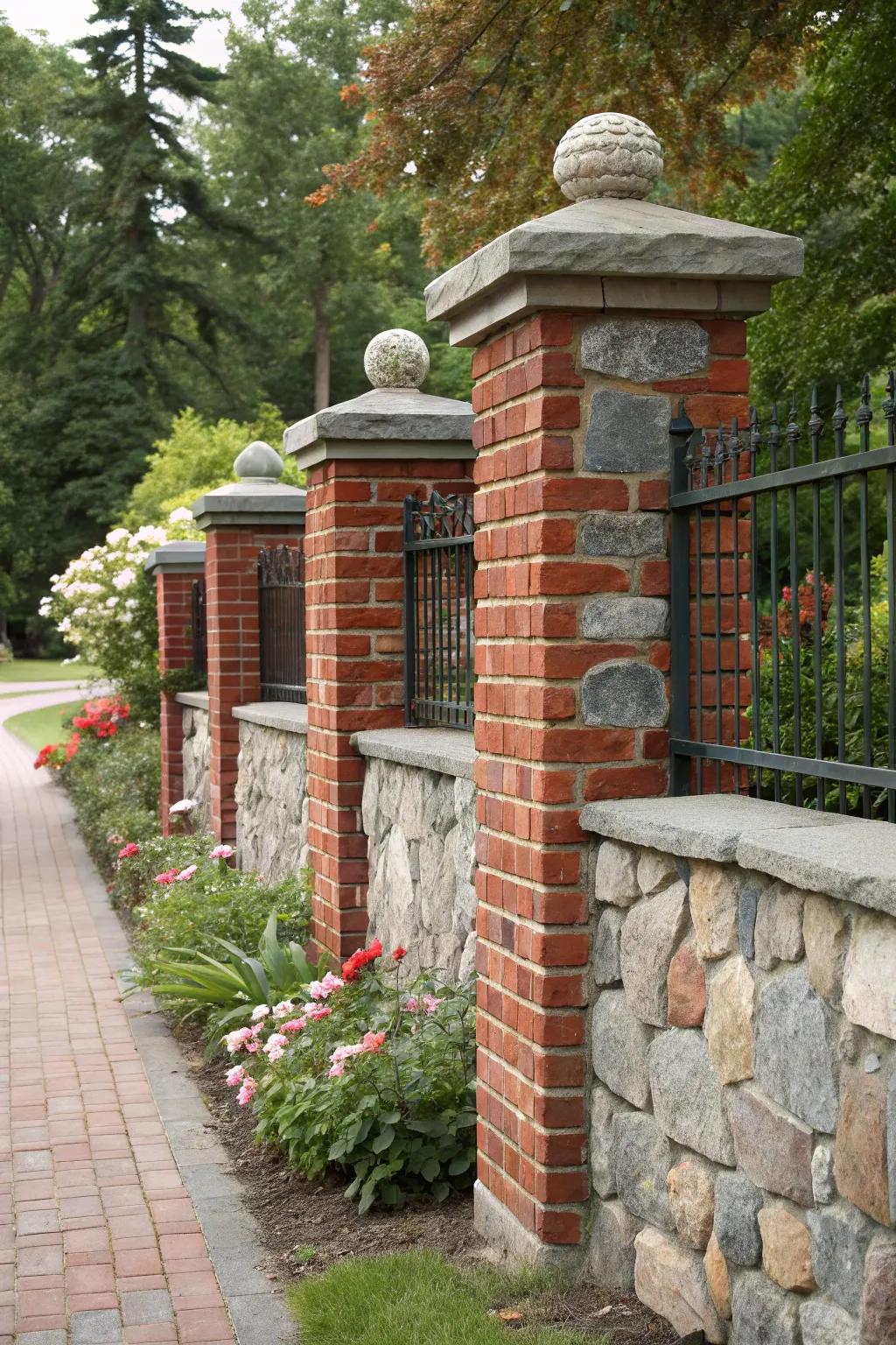 Rock details add texture and appeal to this brick fence.