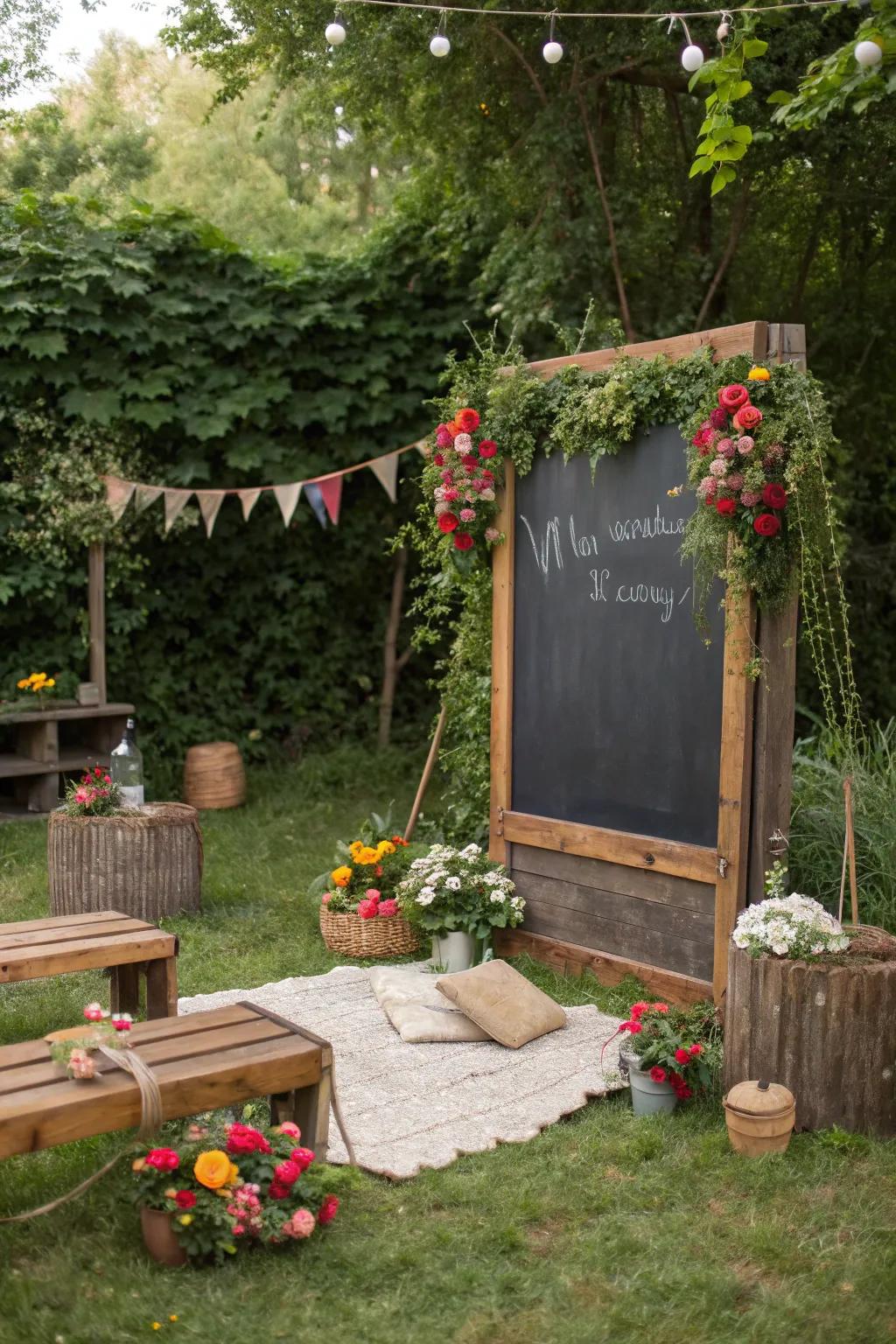 An outdoor chalkboard setting brings a touch of nature to your bridal shower.