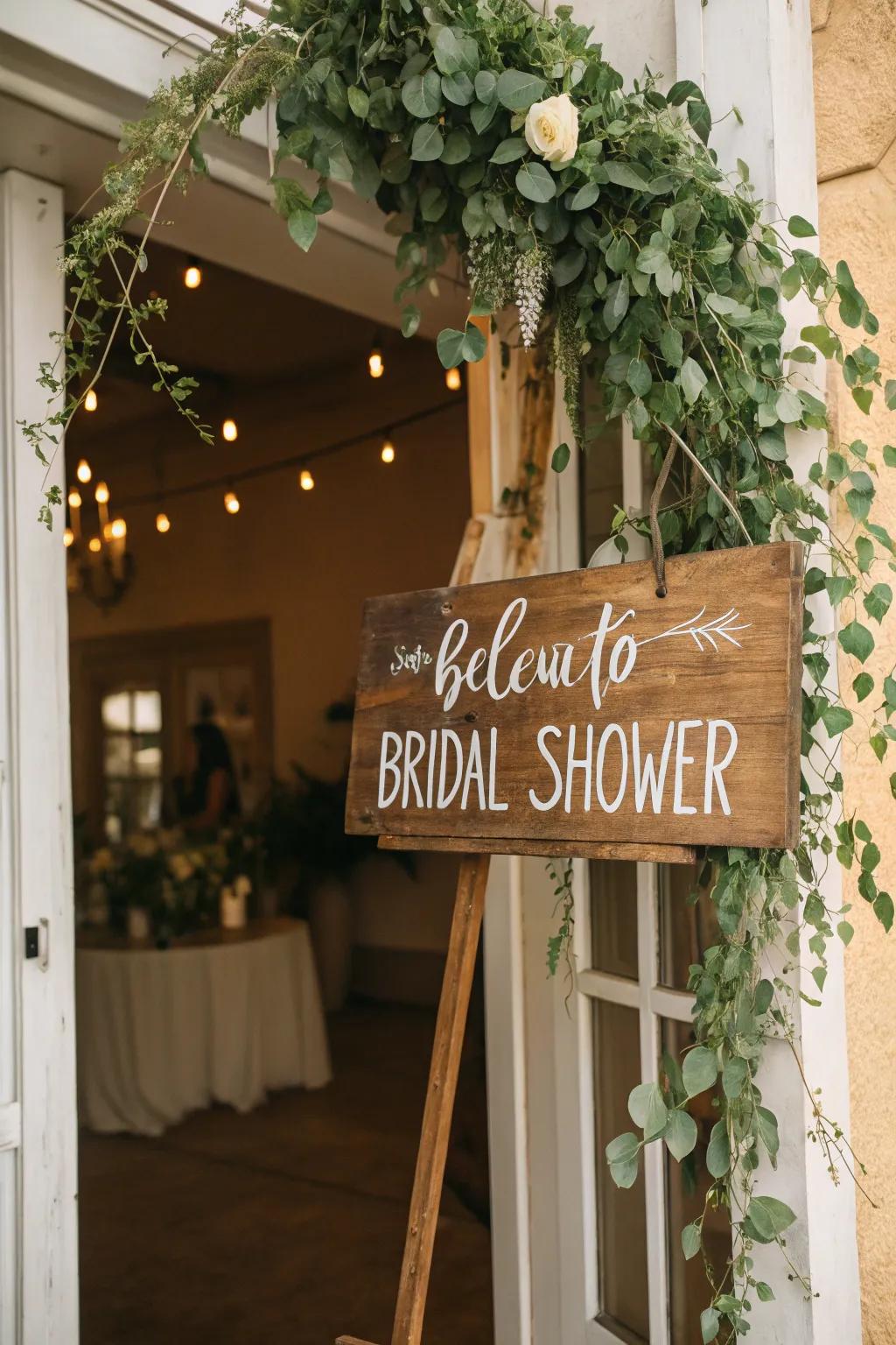 Charming timber signs direct guests to the bridal shower, incorporating a natural vibe.