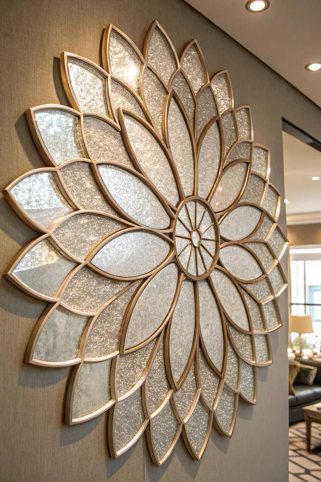 Floral-inspired art with mirror accents adds reflective beauty to any wall.