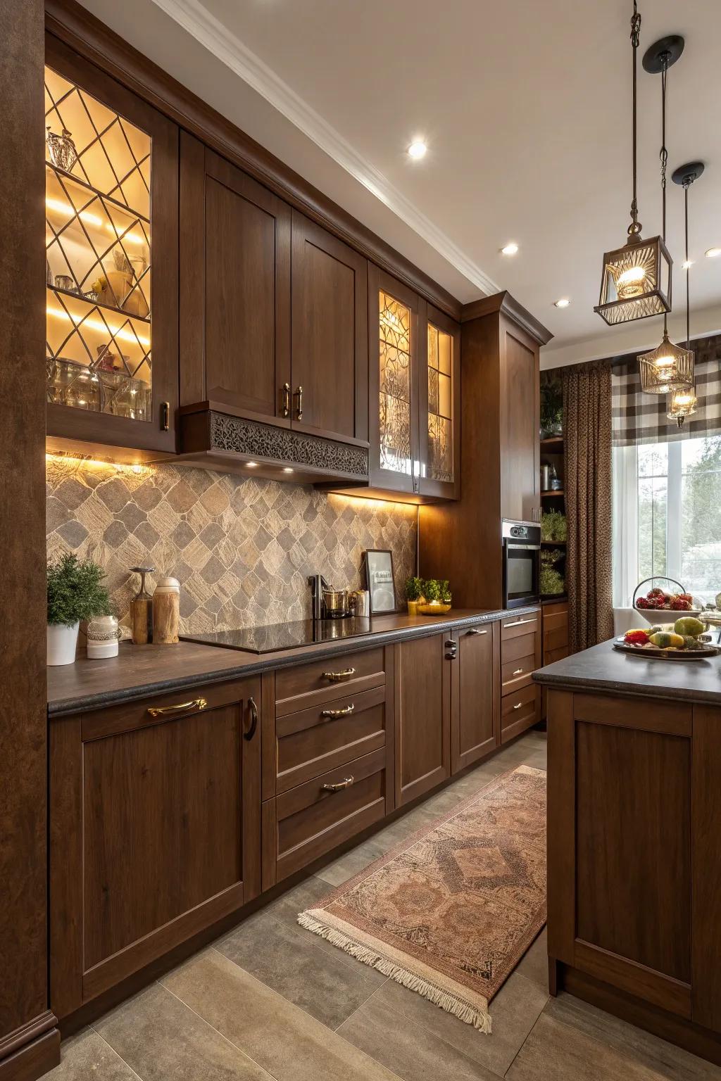 Stratifying sienna shades lends magnitude and warmth to the kitchen.