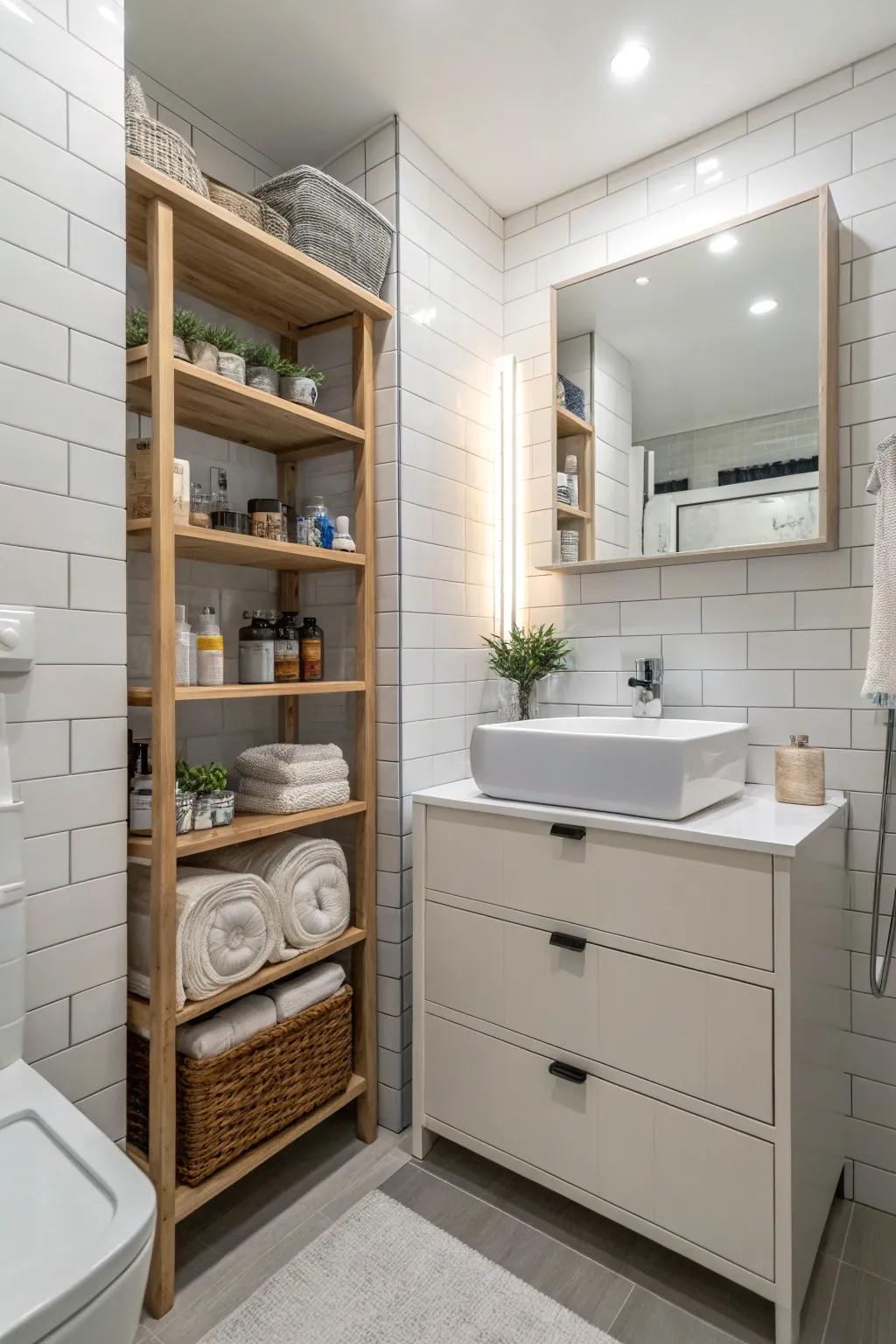 Efficient storage maintains a tidy and stylish bathroom.