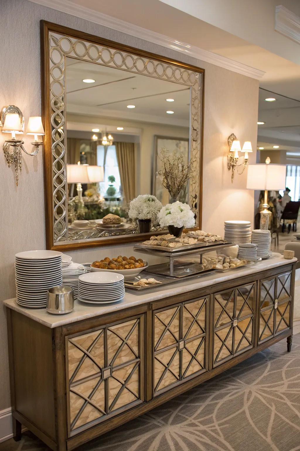 Mirrors and art provide an elegant backdrop.