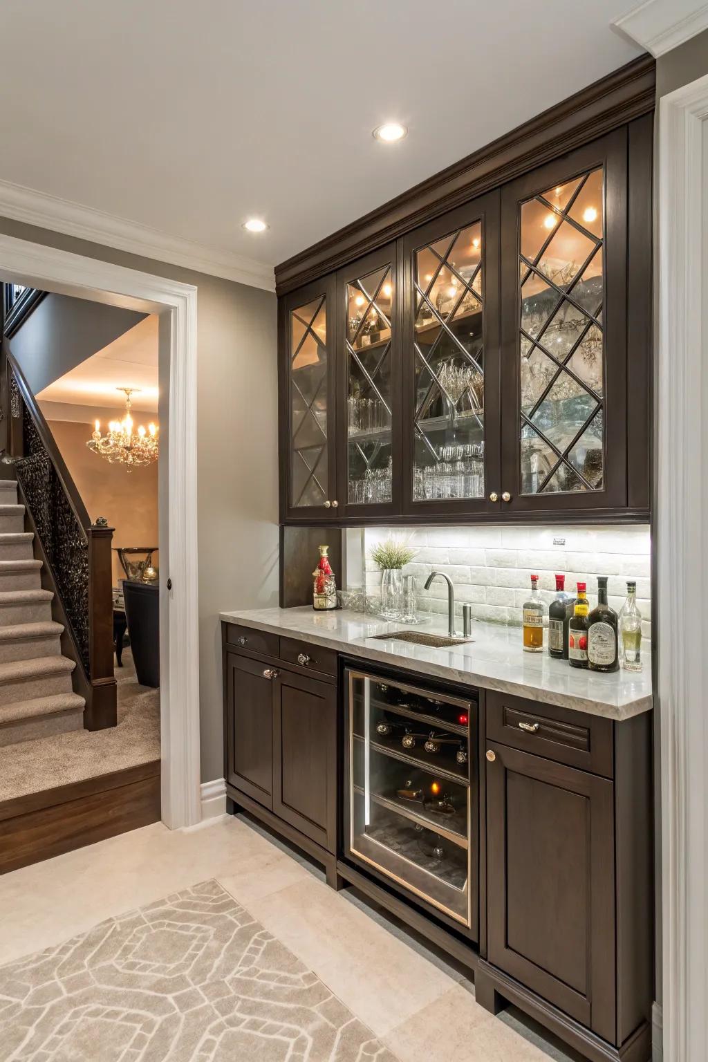 A mirrored panel adds space and glamour to a narrow bar area.