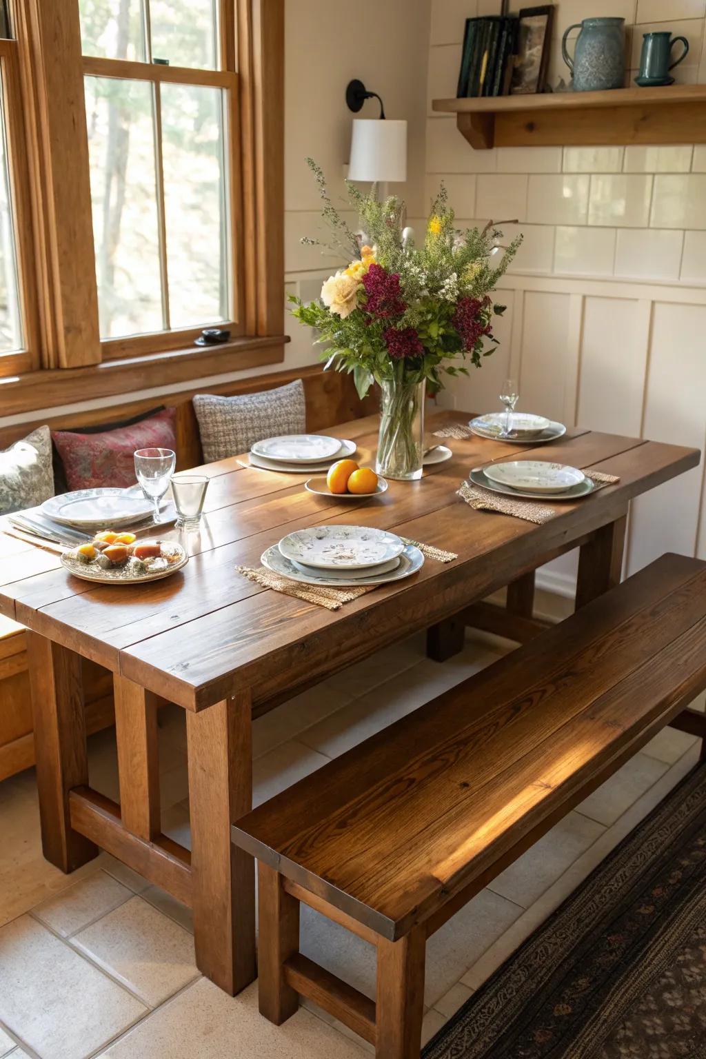 Combine practicality and style through bench and table combinations.