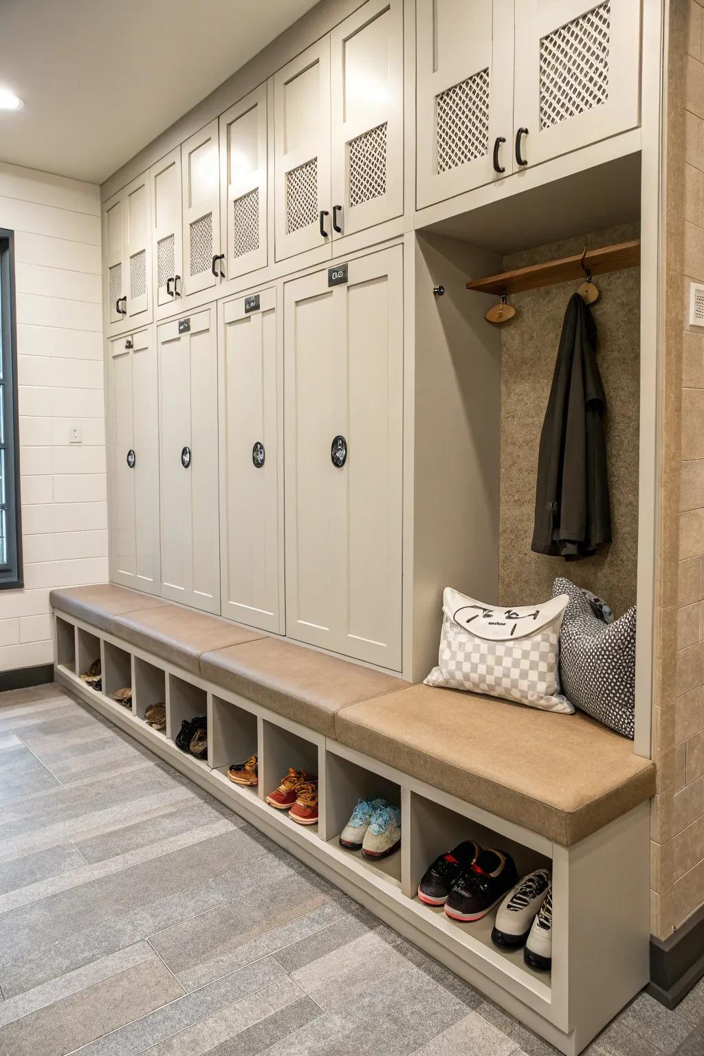A comfortable seating space built into the custom storage units.