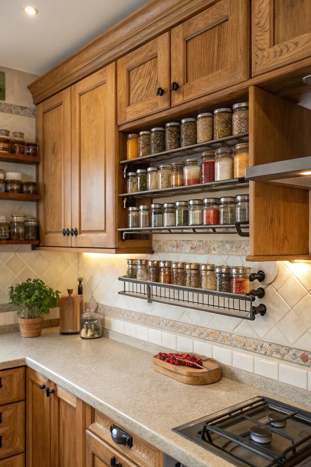 Wall-mounted racks ensure that essentials are available and neatly arranged.