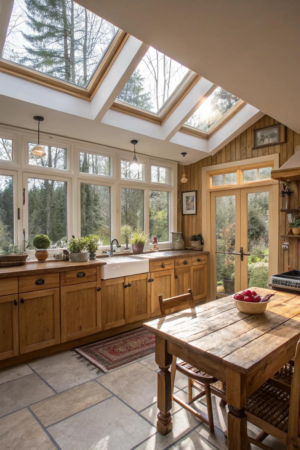 Skylights and large windows bathing a bungalow kitchen in natural light.
