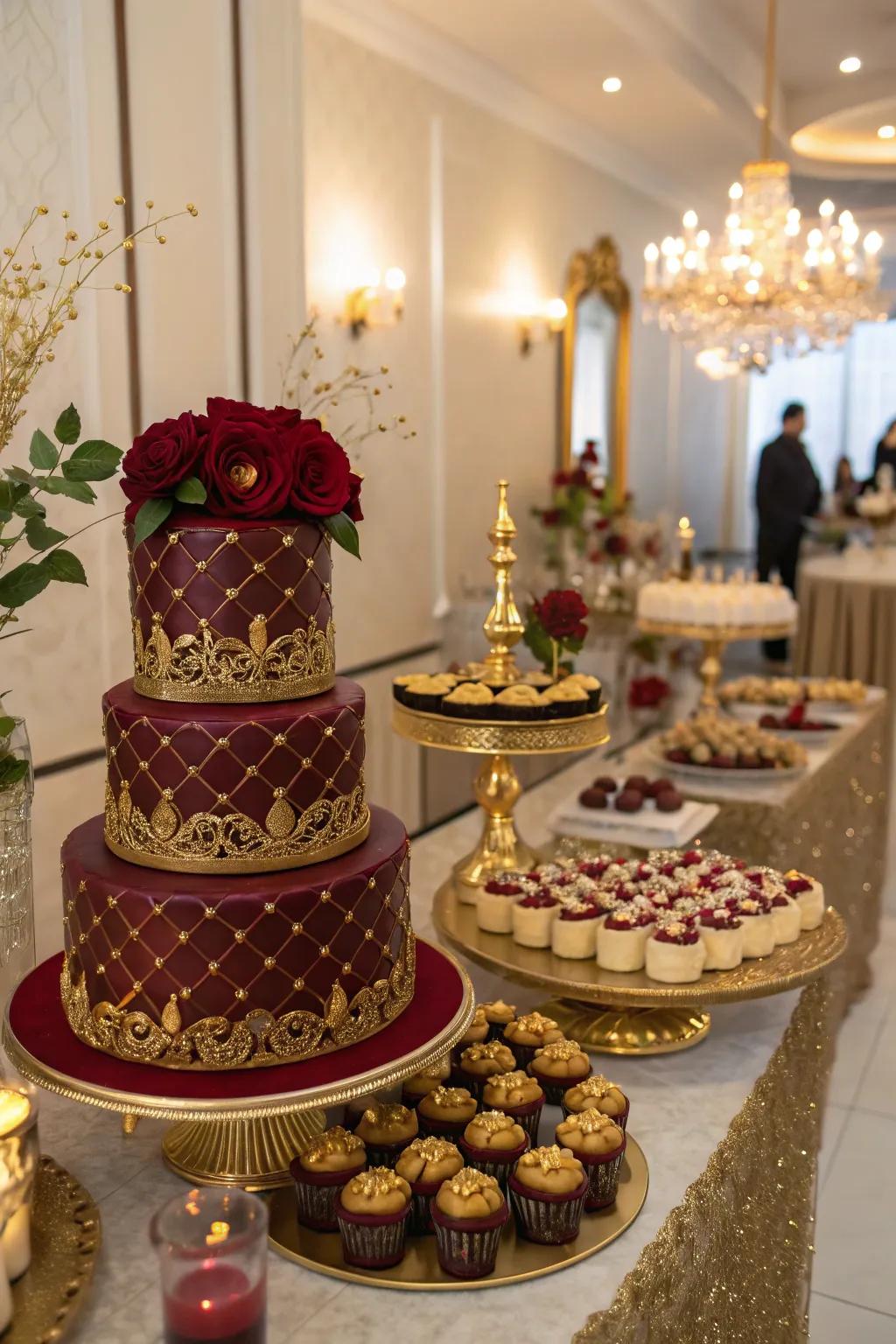 A decadent dessert table that looks as good as it tastes, all in red and gold.