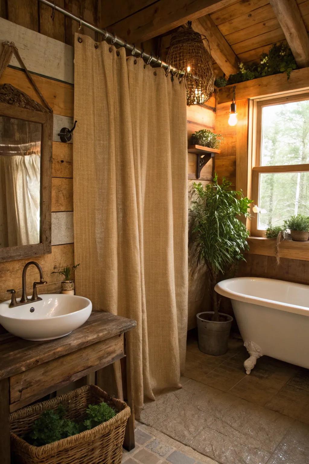 Country retreat with material shower drapes.