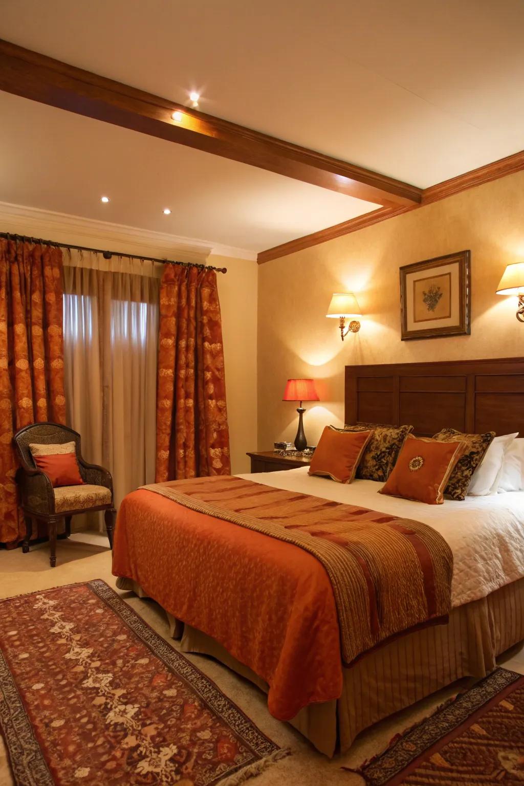 Gentle lighting magnifies the cozy atmosphere of the bedroom.