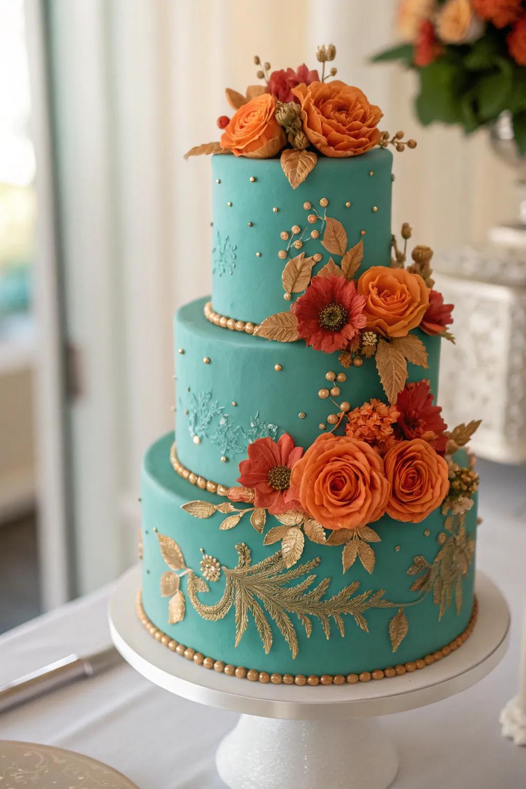 A wedding cake exquisitely incorporating aquatic blue and sunset shades.