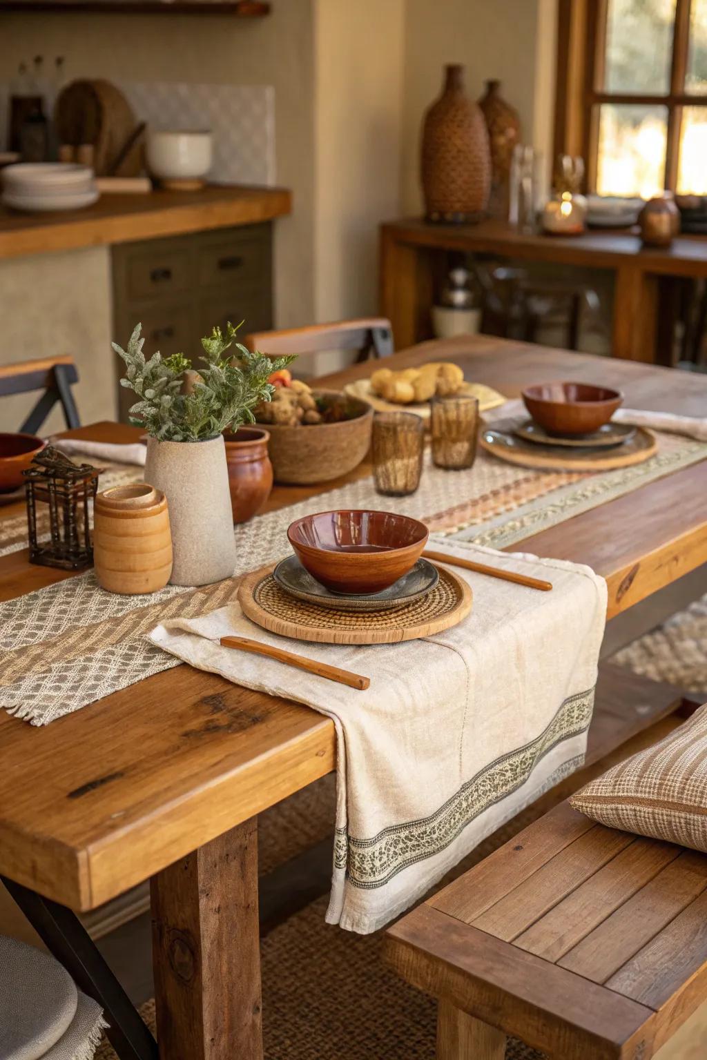 Gather around a country-style dining table made from wood for meals filled with warmth and memories.