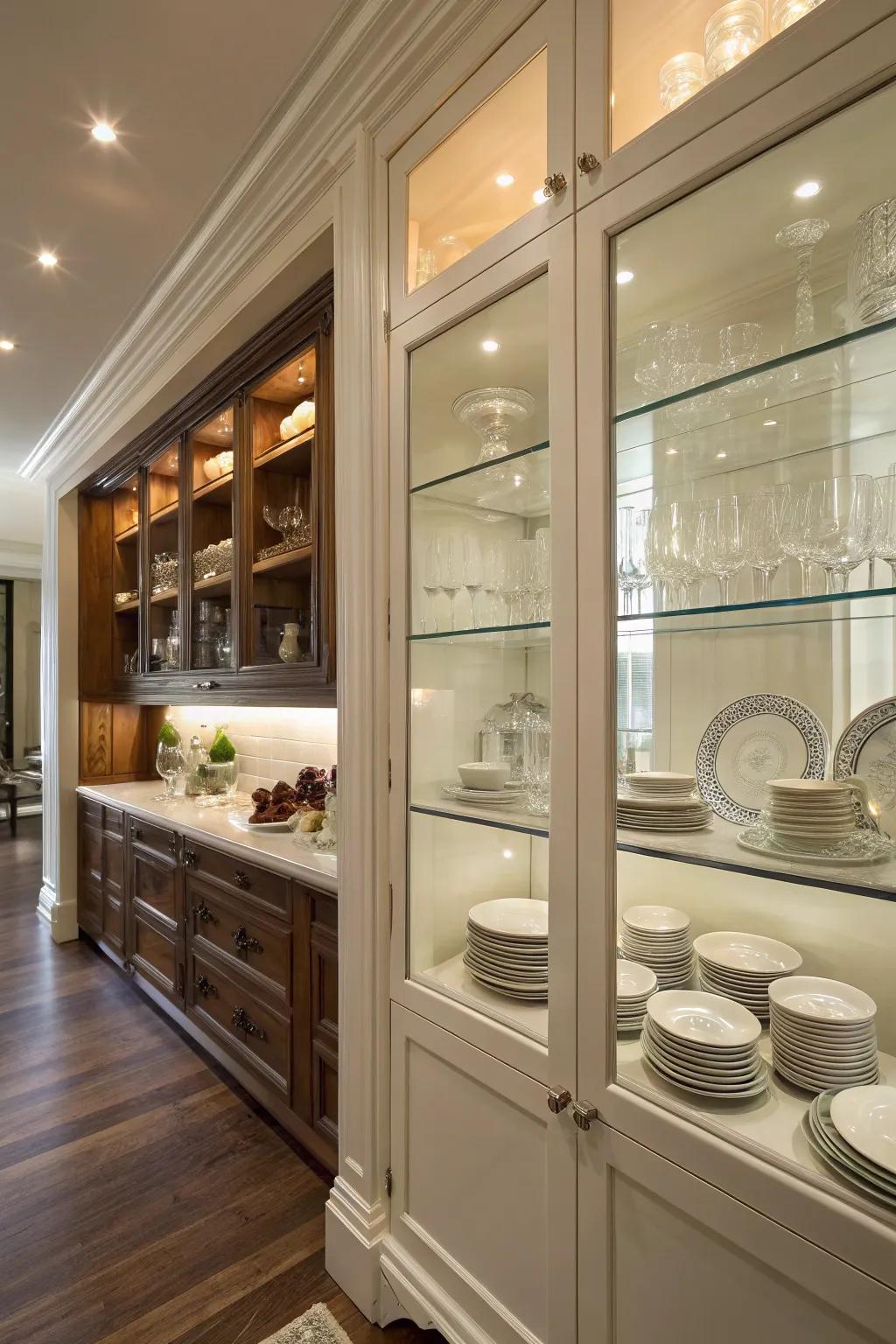 An elegant butler's pantry featuring glass-front cabinets, adding an element of sophistication.