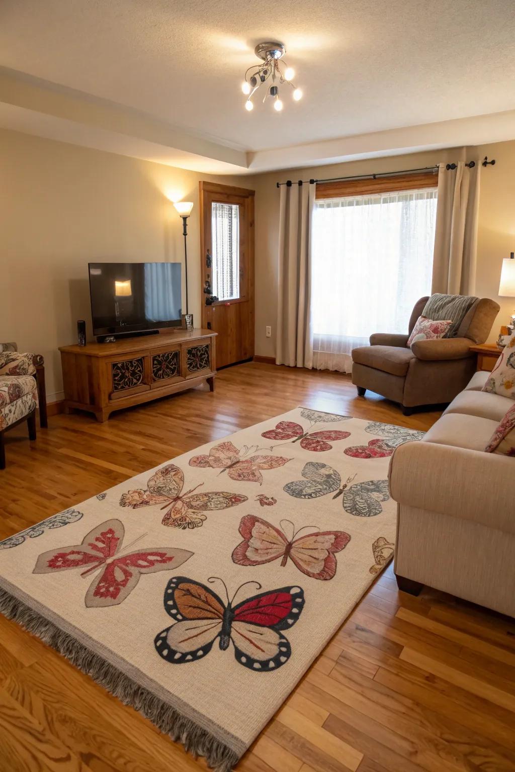 Establish a focal point in your space with a butterfly-themed rug.