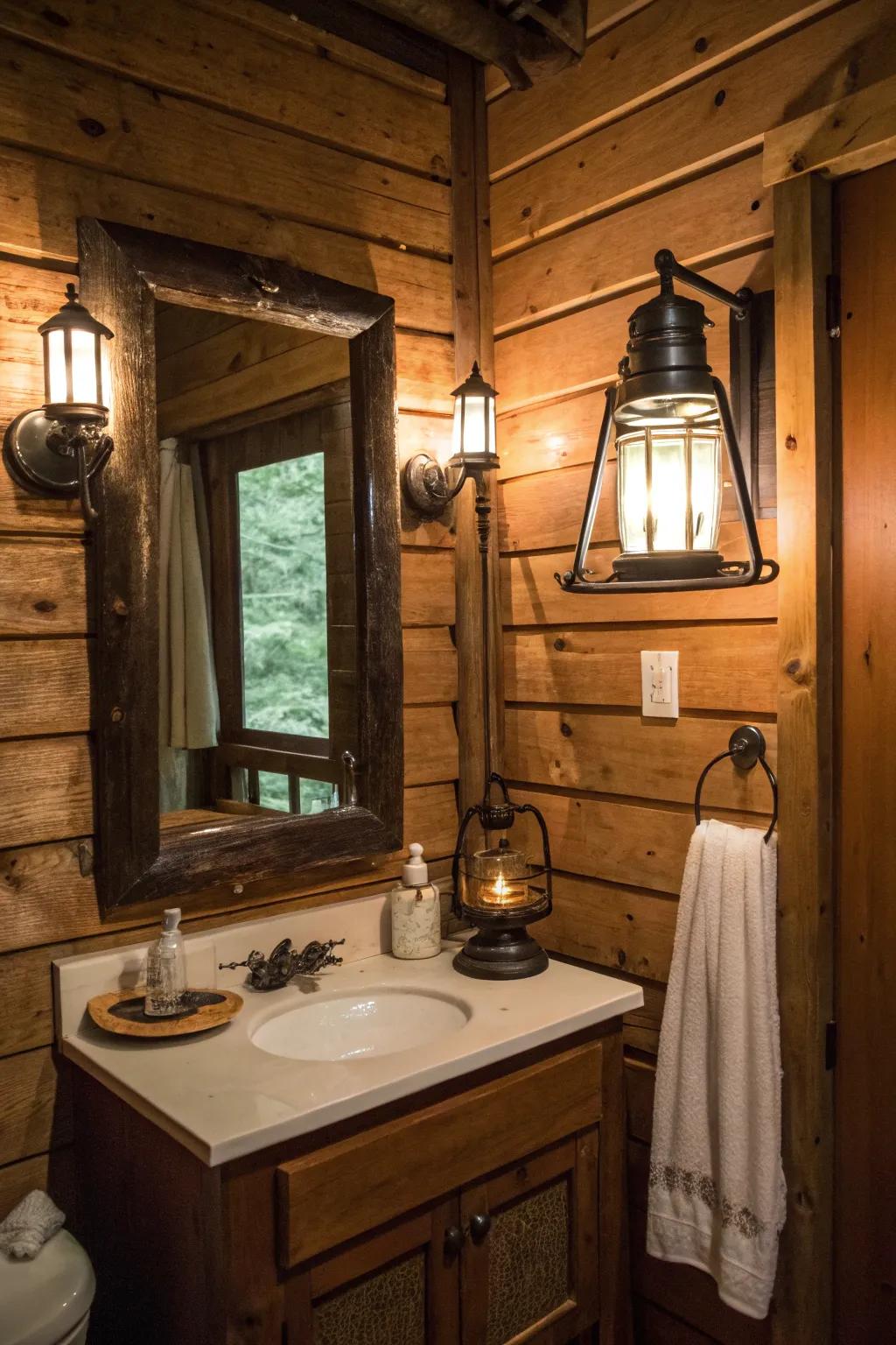 A cabin bathroom showcases a classic mirror and lantern-esque lighting.