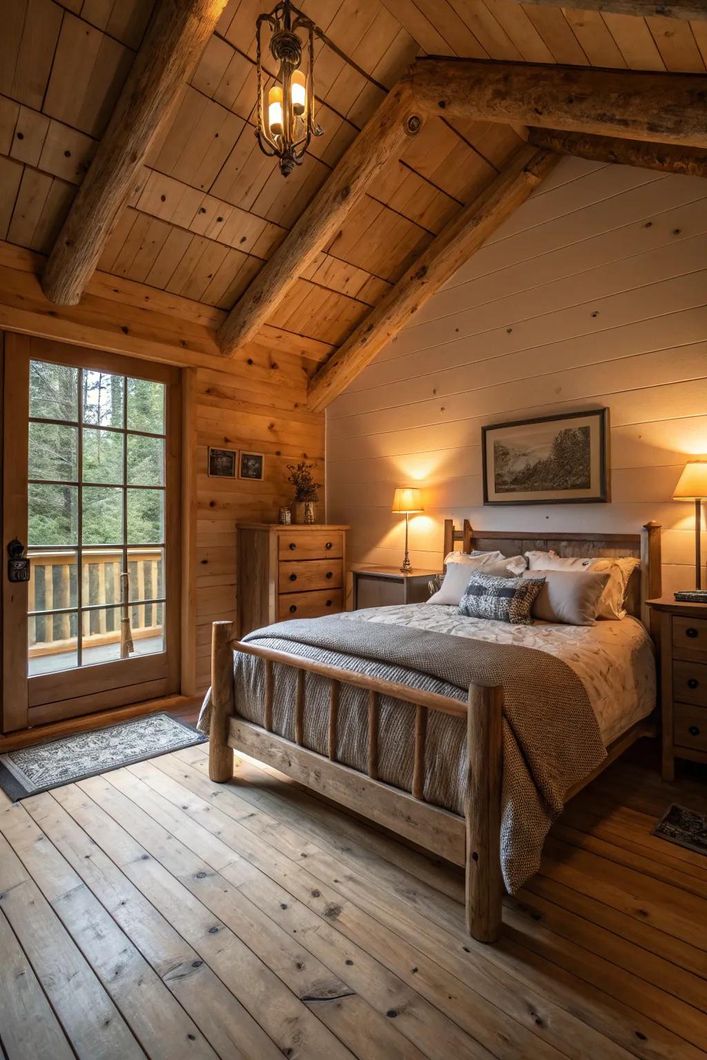 A cabin bedroom showcases warm lighting and wooden accents.