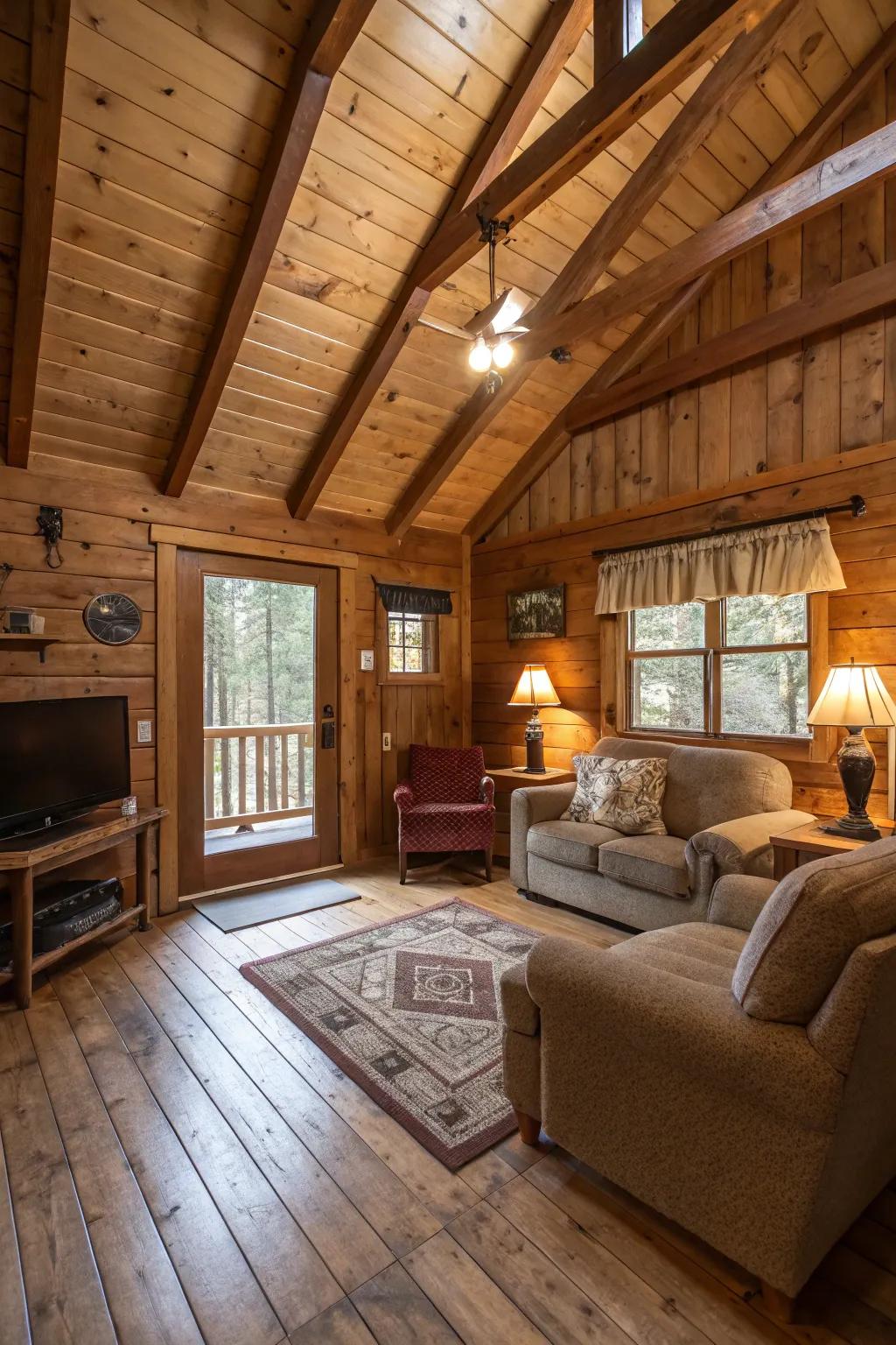 Structural beams bringing architectural interest and countryside charm to this cabin.