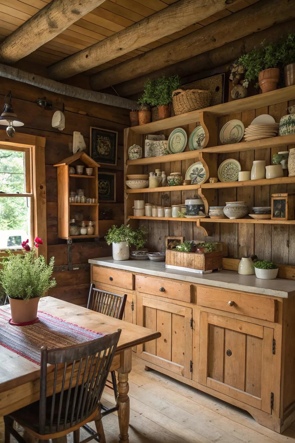 Visible shelving offers both style and use in a cabin kitchen.