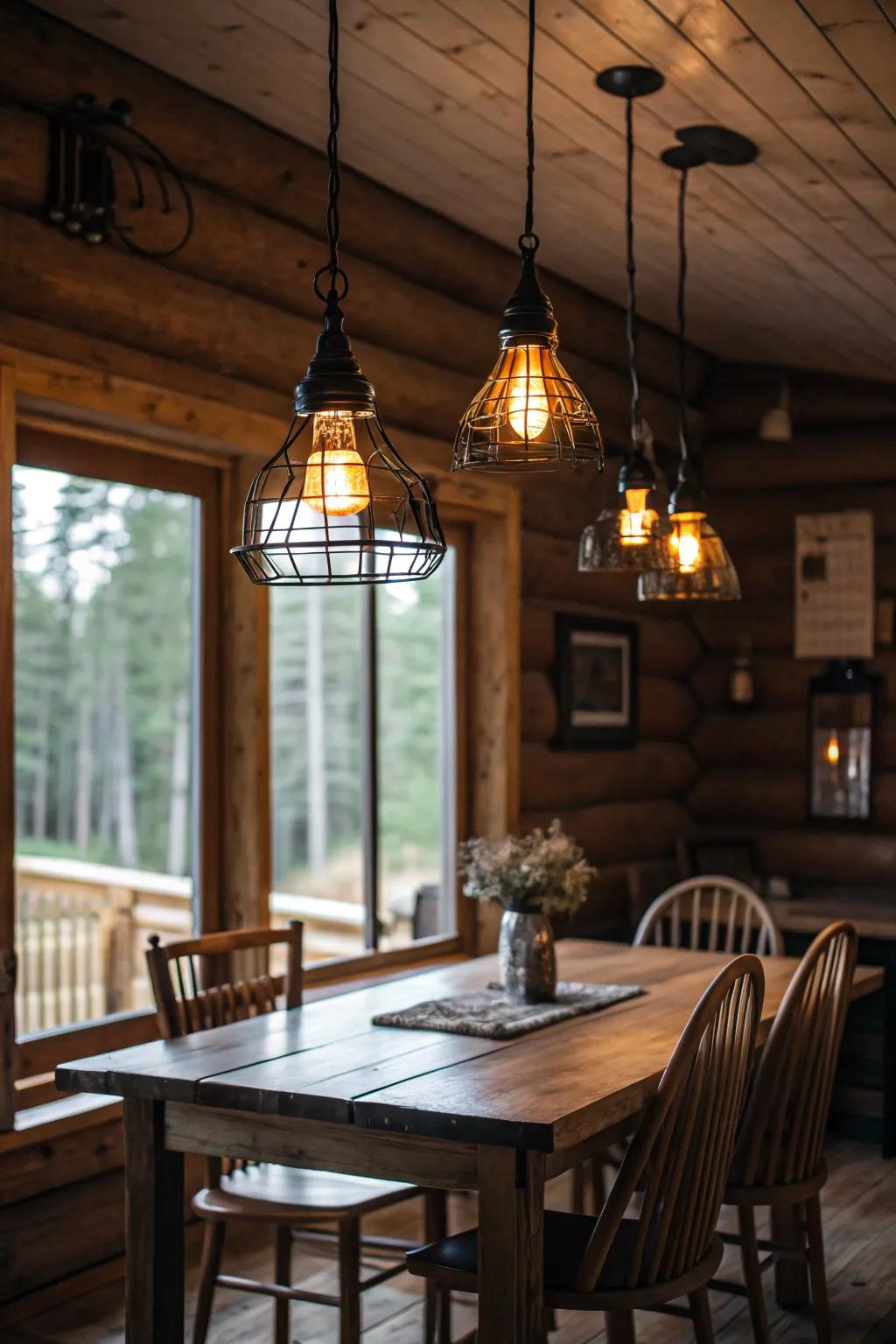 Classic hanging lights infusing nostalgic charm into a cabin dining space.