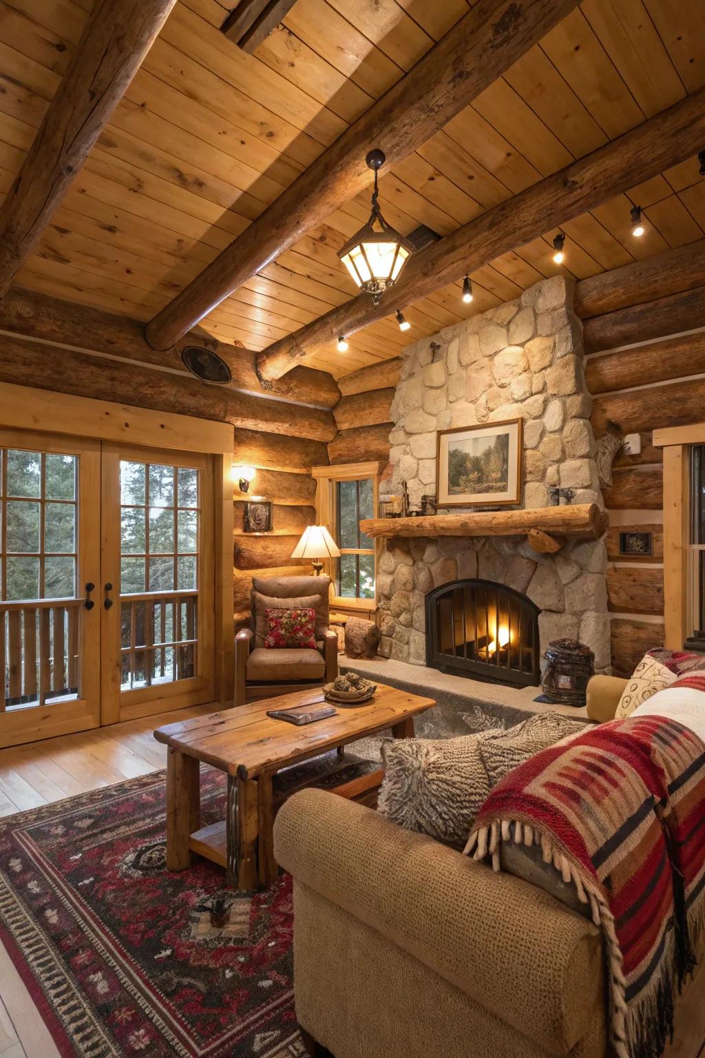Country wood decor adds genuineness to this charming cabin living space.