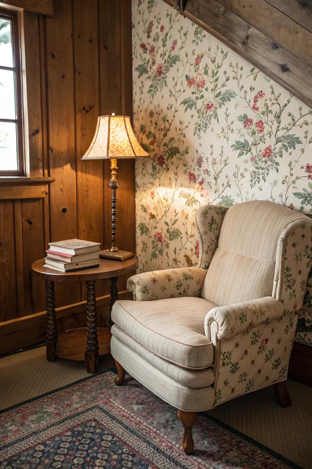 Charming retro wallpaper gives an air of sophistication to a cozy space.