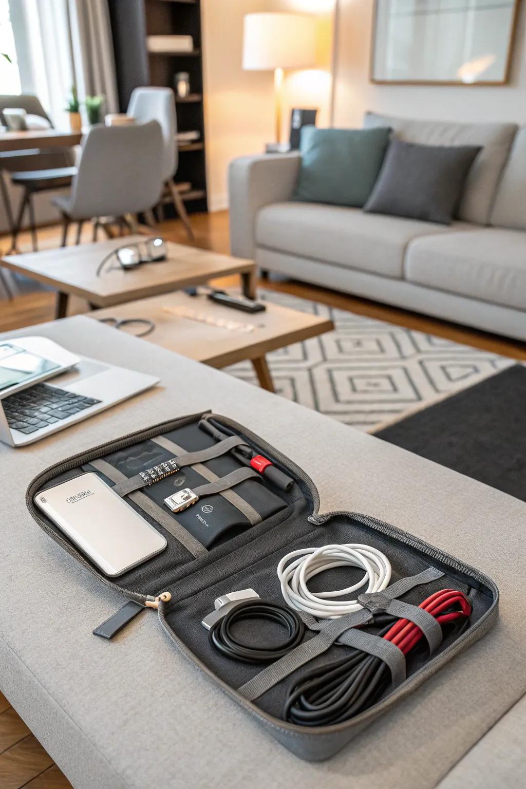 Adaptable cable organizer featuring adjustable sections.