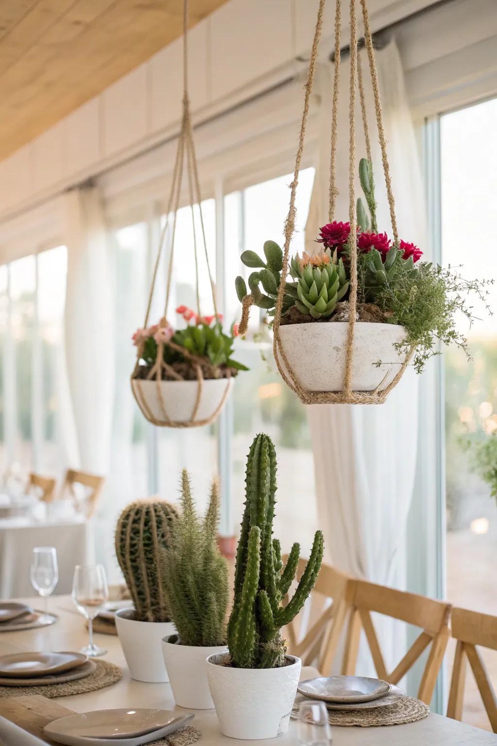 Suspended succulents engender a captivating drifting garden result.