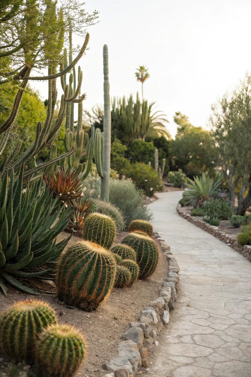 A cactus-lined pathway creating a desert trail experience.